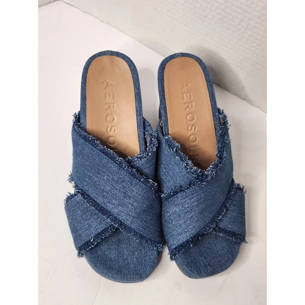 Aerosoles Madina Blue Denim Frayed Criss Cross Block Heel Slide Sandals Size 7M